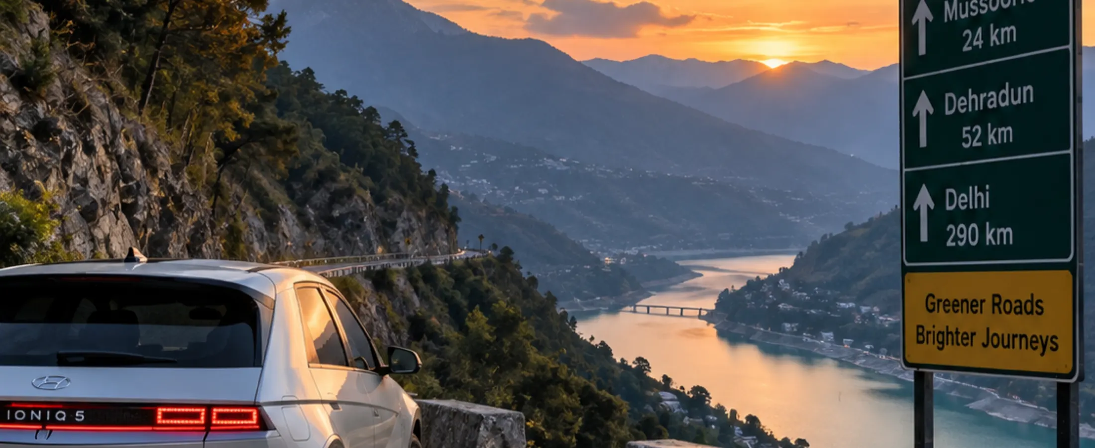 An electric car at a ghat-road viewpoint at sunset, a signpost reading Mussoorie 24, Dehradun 52, Delhi 290.