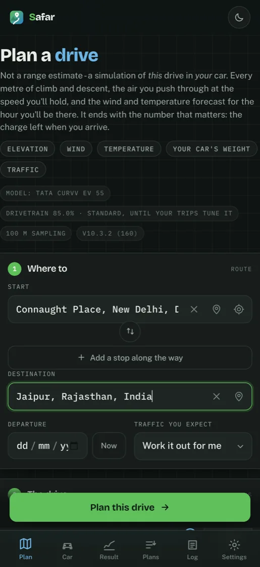 The trip sheet: start, destination, departure and car.