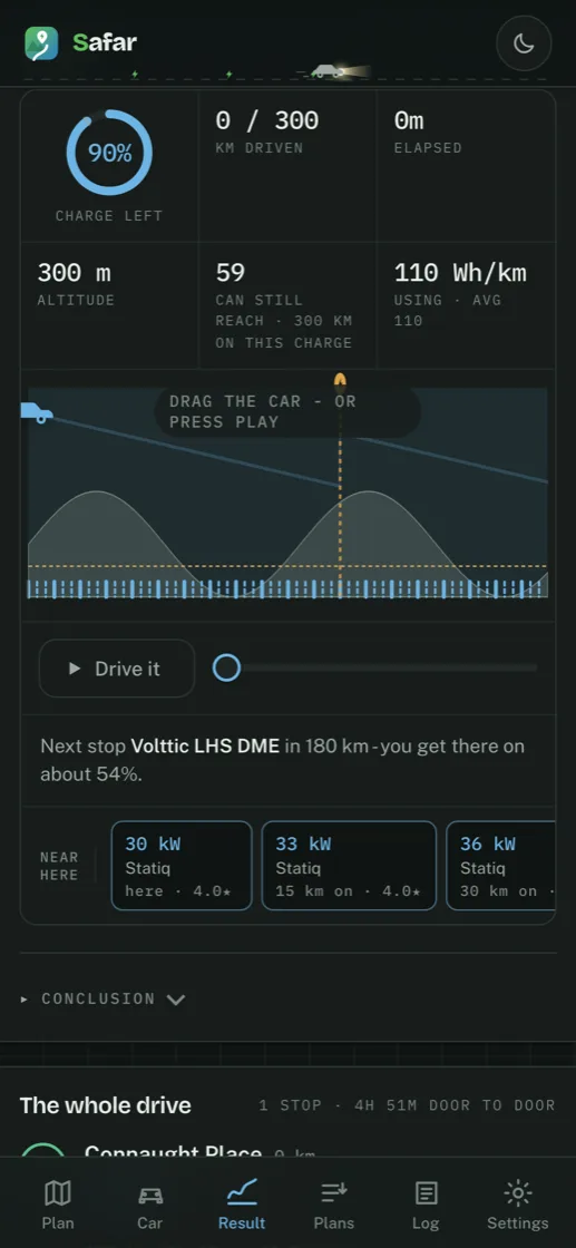 Drive it: a scrubber that plays the charge across the whole route.