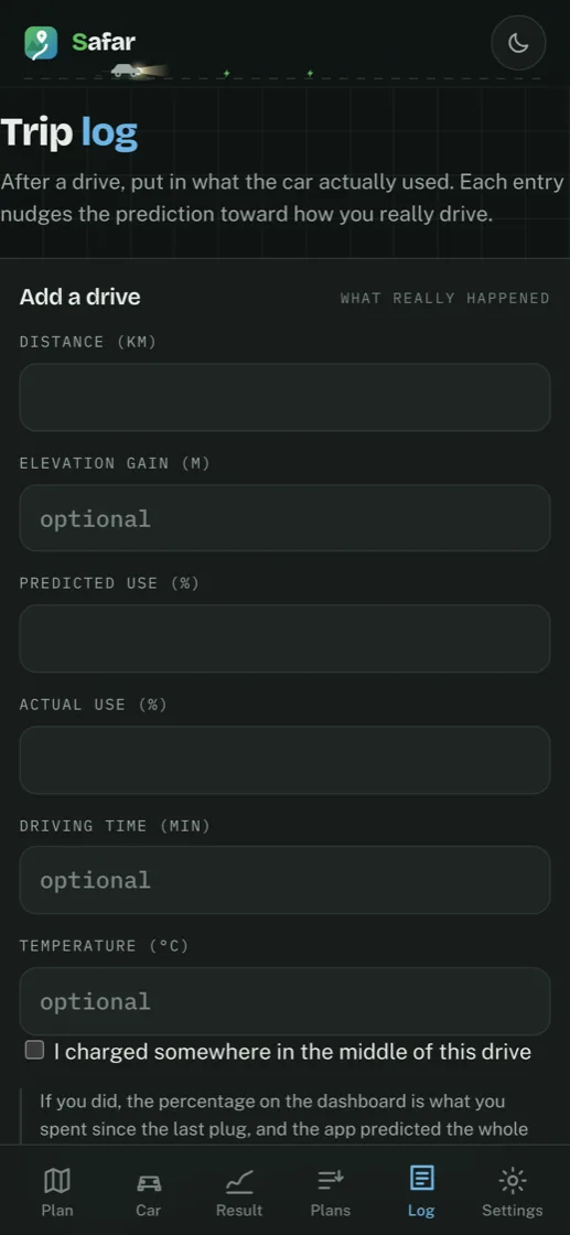 The trip log: enter what a drive used and the model learns.