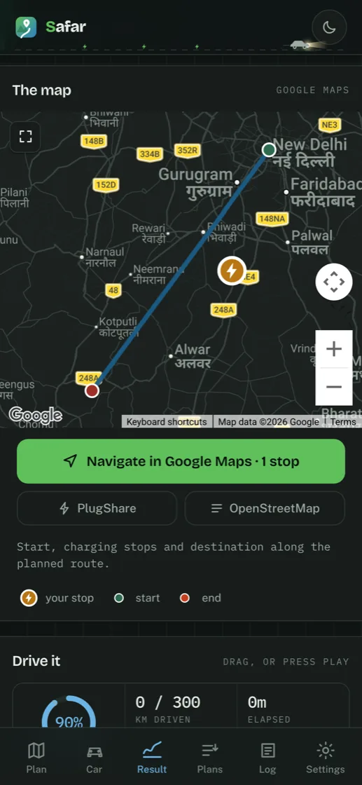 The route on a map, both ends pinned, the charging stop marked.